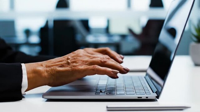 Side-angle shot of hands typing on laptop keyboard during focused work session