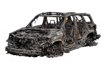 Burnt vehicle wreck showing destruction and catastrophe