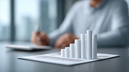 Business Professional Analyzing Financial Reports with 3D Graphs and Charts on Office Desk with City View in Background