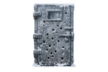 Armored bunker door with bullet holes and frost