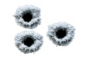 Frozen bullet holes with snow and ice on transparent background