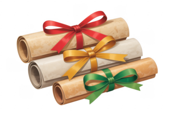 Rolled up scrolls with colorful ribbons red ribbon isolated on a transparent background