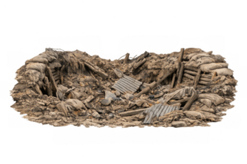 Destroyed trench bunker with debris and sandbags, transparent background