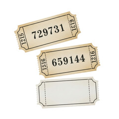 Obraz premium Three vintage-style cream-colored aged paper admission tickets with perforated edges and black numbers, on a transparent background with copy space, top-down, soft light, concept of nostalgia and