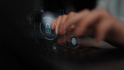 Cybersecurity system interface with biometric lock and data protection. Cybersecurity protects access, identity, cyber security prevents threats, and cyber security supports digital systems. Marrow