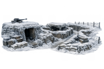Frozen winter military trench system with bunker and cannon