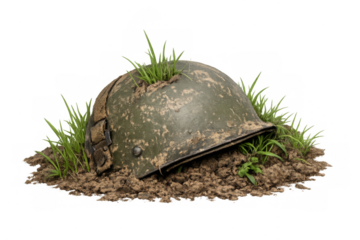 Military helmet buried in mud, grass growing
