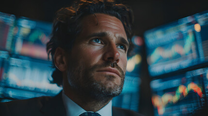 Businessman Analyzing Big Data and Financial Charts on Multiple Monitoring Screens