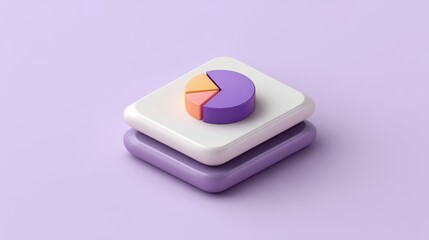 Modern 3D pie chart illustration on purple background with layers showcasing data analysis, statistics, and business concepts in a minimalist design
