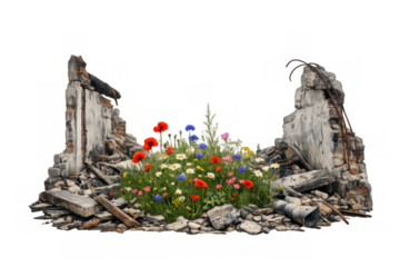 Wildflowers growing in destroyed building ruins showing hope