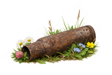 Rusty shell casing among wildflowers symbolizing peace and hope