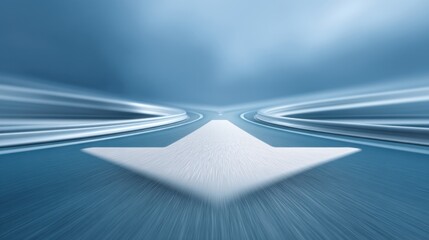 Abstract motion blur of a forward arrow symbolizing speed and direction on a smooth road with soft blue tones and dynamic light effects