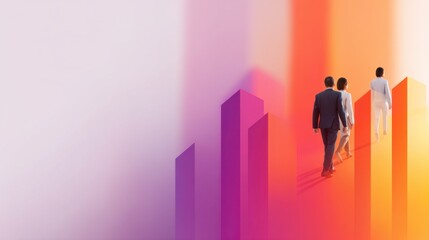 Fototapeta premium Business Professionals Walking Towards Growth and Success in a Vibrant Abstract Landscape of Colorful Graphs and Trends