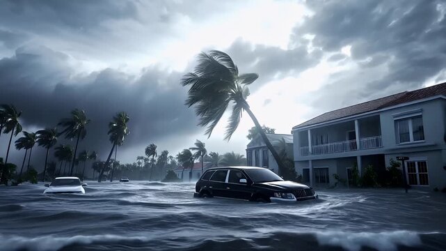 Natural disaster. Devastating loss aftermath scene. A vivid portrayal of a tropical storm, with a car navigating through turbulent waters. The scene is set against a backdrop of a stormy sky.