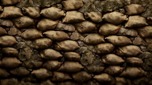 Natural disaster. Devastating loss aftermath scene. A closeup view of a stone wall with numerous burlap sacks. The sacks are arranged in a staggered pattern.