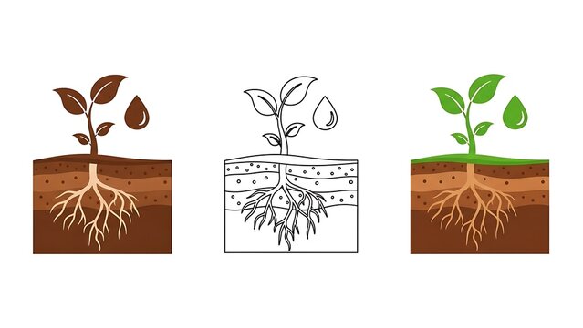Three graphics showcasing a plant's lifecycle from seed to seedling with roots and water drops