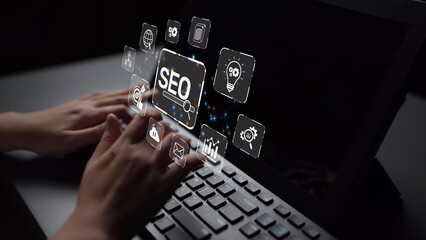 SEO concept for improving SEO visibility, with SEO related digital tools and SEO performance icons shown in an focused layout for strategic marketing. Muxer