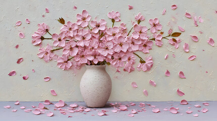 Blooming Cherry Blossom: Delicate cherry blossoms are beautifully arranged in a rustic vase, with petals delicately scattered around, evoking a sense of renewal and the ephemeral beauty of spring.