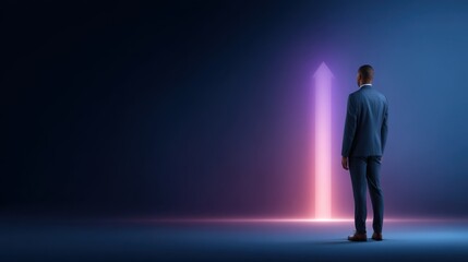 Fototapeta premium Man in Business Suit Stands in Front of Bright Vertical Arrow Symbolizing Opportunities and Growth in a Dark Blue Background with Soft Lighting