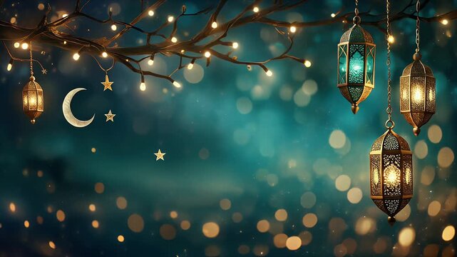 Elegant hanging lanterns on tree branch with string lights and crescent moon