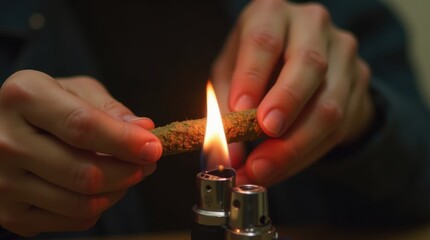 Closeup hand igniting rolled marijuana joint with butane lighter flame