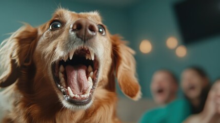 A golden retriever joyfully barks, capturing the attention of a family in the background, showcasing affection, loyalty, and the happiness pets bring to our lives.