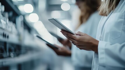 Researchers in lab coats attentively examine their tablets, reflecting the cutting-edge innovations in science and technology that are transforming the future of research.