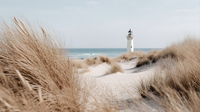 Coastal Beacon: A picturesque coastal scene unfolds, featuring a sturdy lighthouse standing tall amidst golden dunes, guiding ships towards a serene horizon, while the sea whispers tales of adventure.