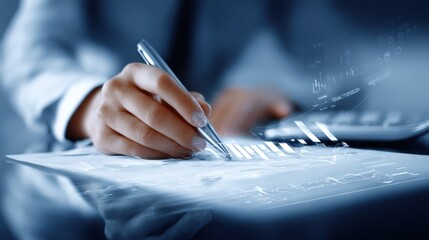 Business professional analyzing data with pen and paper, displaying financial charts and graphs on a digital interface in modern office setting