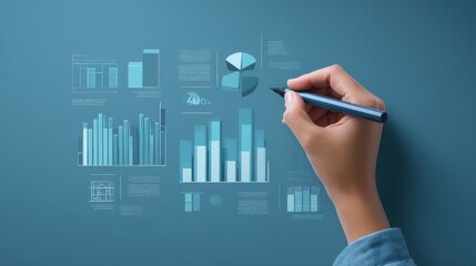Hand Holding Pen Analyzing Charts and Graphs on Blue Background for Business and Marketing Reports