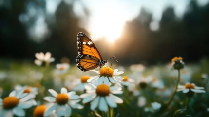 Obraz premium A stunning monarch butterfly rests delicately on a vibrant floralscape, illuminated by the warm glow of the setting sun, capturing a moment of natural beauty and tranquility.