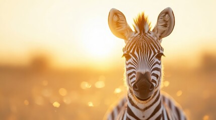 Fototapeta premium This striking image captures a zebra's face illuminated by the soft light of sunset, showcasing its intricate stripes and peaceful nature against a serene backdrop.