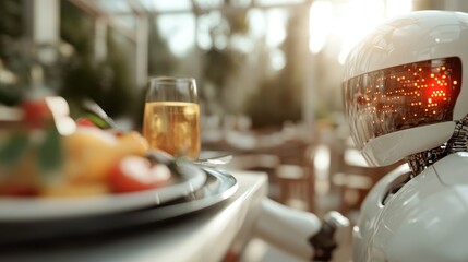 A futuristic robot is seen serving food at a modern restaurant, merging technology and culinary arts, symbolizing the future of dining experiences and human-robot interaction.