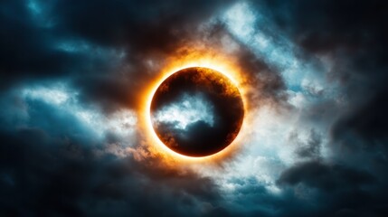 An awe-inspiring depiction of an eclipsed sun amidst dramatic dark clouds, symbolizing nature's power and the mysterious beauty of celestial events captured in this stunning image.