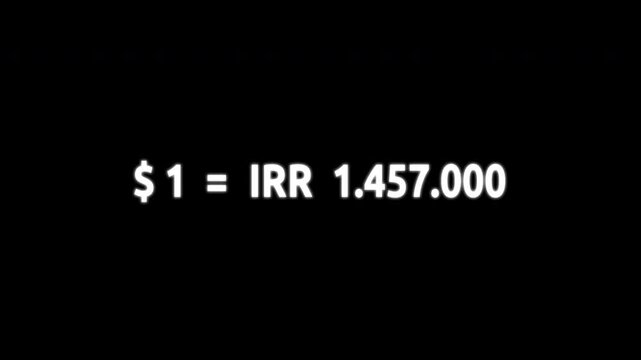 US Dollar to Iranian Rial Exchange Rate Animation, 1 USD to 1,457,000 IRR Currency Conversion Concept. 4K video on Black transparent Background. Alpha Channel