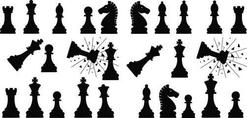 Chess pieces silhouettes set showing king, queen, rook, bishop, knight and pawn, strategy game icons with checkmate and broken pieces illustration isolated on white background © Hasem Creative