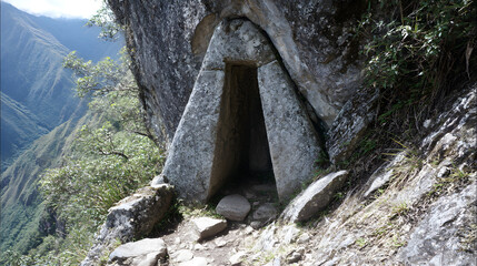 Ancient Stone Doorway: A weathered, triangular stone doorway carved into a mountain's face invites exploration, hinting at hidden chambers and historical mysteries