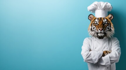 A whimsical image of a tiger dressed as a chef, blending the fierce and the playful, creates a unique culinary persona that captures attention and sparks imagination.