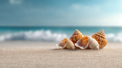 A collection of exquisite seashells resting on soft, golden sand with ocean waves in the background, evoking a sense of calmness, beauty, and the allure of the sea.