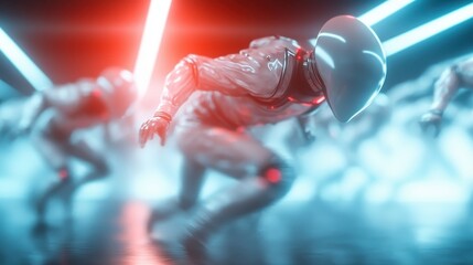 A group of futuristic dancers moves dynamically in a high-tech neon lit environment, showcasing the blend of technology and artistry in a mesmerizing performance.