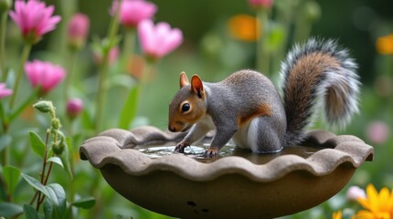 Gray squirrel lapping water from stone birdbath surrounded by garden flowers