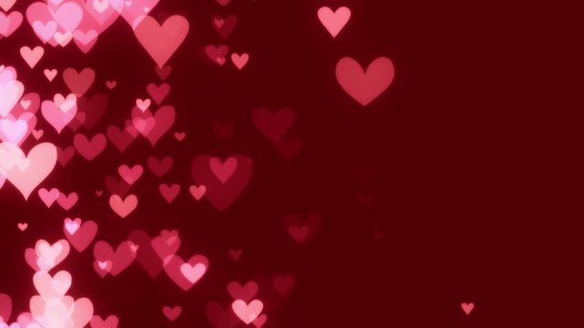 Romantic red and pink heart particles slowly floating from the left side on red background. Soft glowing hearts celebrating love, affection, passion, or for loving Valentine's day backgrounds.
