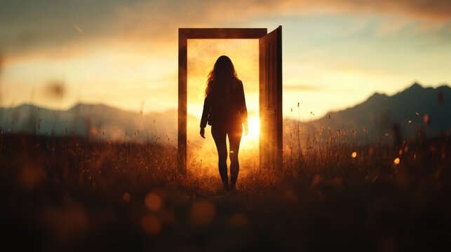 A striking silhouette of a woman stepping through an open door, illuminated by golden sunlight, representing new beginnings, opportunities, and personal growth.
