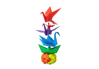 Meticulously balanced stack of five vibrant origami figures, red bird soaring, transparent background, subtle reflection, studio lighting. Concept of delicate balance and aspiration