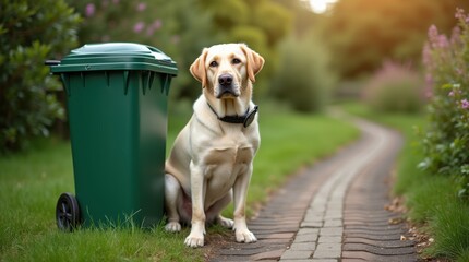Labrador sitting next to overflowing green recycling bin garden path