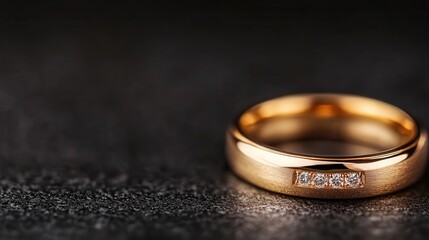 A stunning gold wedding ring adorned with brilliant diamonds captures the essence of love and commitment, showcased against a sleek dark backdrop for an elegant presentation.