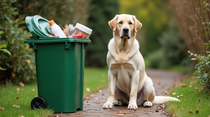 Labrador sitting next to overflowing green recycling bin garden path