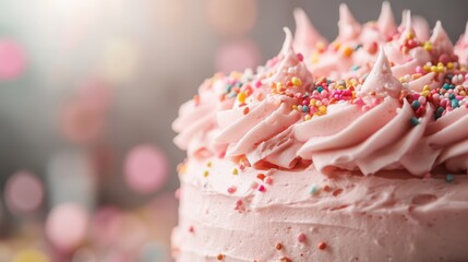 A close-up view of a delicious pink cake adorned with vibrant sprinkles, showcasing the sweetness and celebration that desserts bring to special occasions.