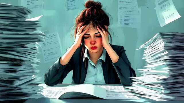 Tax return season. A digital artwork portraying a stressed woman in an office setting. The style is realistic with a touch of fantasy.