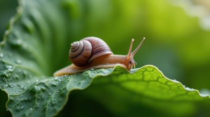 Macro snail gliding across crinkled cabbage leaf with morning dew